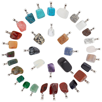 Natural & Synthetic Mixed Gemstone Pendants, with Stainless Steel Snap On Bails, Nuggets, Stainless Steel Color, 15~35x10~20x5~15mm, Hole: 3x7.5mm, 33pcs/box