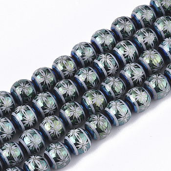 Electroplate Glass Beads Strands, Round with Flower Pattern, Cadet Blue, 8x7.5mm, Hole: 1.2mm, about 40pcs/strand, 11.8 inch