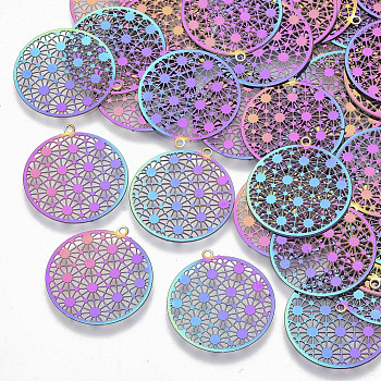 Ion Plating(IP) 201 Stainless Steel Filigree Pendants, Etched Metal Embellishments, Flat Round, Rainbow Color, 21.5x20x0.3mm, Hole: 1mm