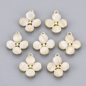 Resin Imitation Cat Eye Charms, with Golden Plated Alloy Cabochon Settings, Flower, PapayaWhip, 15x13x4mm, Hole: 1.2mm