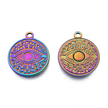Ion Plating(IP) 201 Stainless Steel Pendants, Flat Round with Eye, Rainbow Color, 24x20.5x2mm, Hole: 2mm