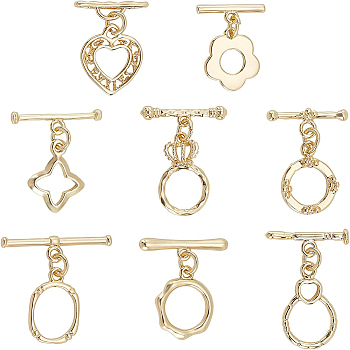 16 Sets 8 Style Brass Toggle Clasps, Ring & Flower & Star & Oval & Bottle & Crown & Heart, Real 16K Gold Plated, 2 sets/style