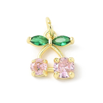Brass Micro Pave Cubic Zirconia Pendants, Cherry Charms, Long-Lasting Plated, Cadmium Free & Lead Free, Rack Plating, Real 18K Gold Plated, with Jump Ring, Pink, 12.5x11.5x4mm, Hole: 3mm