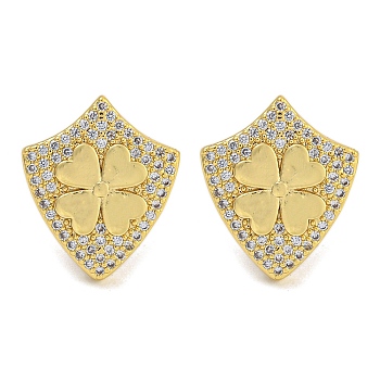 Rack Plating Brass Micro Pave Clear Cubic Zirconia Stud Earrings, Cadmium Free & Lead Free,Real 18K Gold Plated, Clover, 16.5x14mm