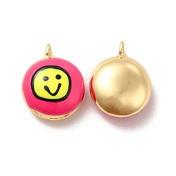 Brass Enamel Charms, Real 18K Gold Plated, Long-Lasting Plated, Flat Round with Smiling Face, Red, 19x15.5x8mm, Hole: 1.8mm