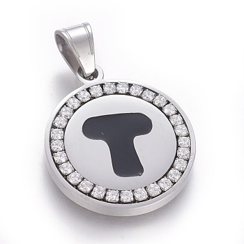 304 Stainless Steel Enamel Pendants, with Cubic Zirconia, Flat Round with Letter, Stainless Steel Color, Clear, Letter.T, 29x25x3mm, Hole: 5.5x8.5mm