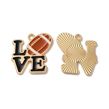 Alloy Enamel Pendants, Cadmium Free & Nickel Free & Lead Free, Light Gold, Word LOVE with Rugby Charm, Black, 23.5x22.5x1.5mm, Hole: 2mm