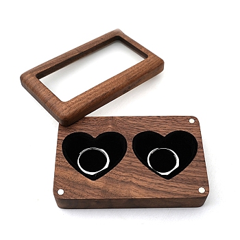 Rectangle Wood Wedding Couple Ring Storage Boxes with Visible Magnetic Cover, Velvet 2 Heart Shaped Slots Wooden Ring Case for Valentine's Day, Black, 9.2x5.7x1.8cm