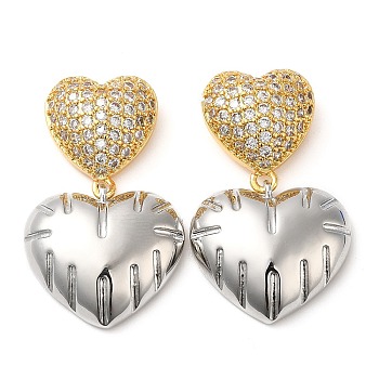 Rack Plating Brass Heart Dangle Stud Earrings, with Cubic Zirconia, Cadmium Free & Lead Free, Real 18K Gold Plated, 32x19.5mm
