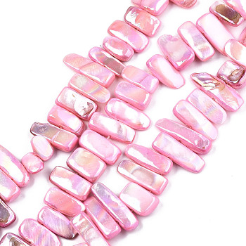 Natural Freshwater Shell Beads Strands, AB Color, Dyed, Nugget Stick, Pearl Pink, 8~25x6~10x2~6mm, Hole: 0.5mm, about 46~49pcs/strand, 13.98 inch~14.56 inch(35.5~37cm)