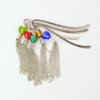 Tibetan Style Tassel Bookmarks/Hairpins, with Handmade Silver Foil Glass Beads and Iron Chains, Mixed Color, 84mm