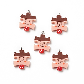 Opaque Resin Pendants, with Platinum Tone Iron Loops, Puzzle Charm with Face pattern, Sienna, 29x22x5mm, Hole: 2mm