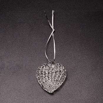 Brushed Style Heart Glass Pendant, with Polyester Metallic Cord, Clear, 130mm