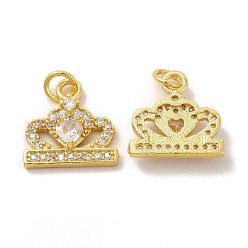 Rack Plating Brass & Cubic Zirconia Charms, with Jump Ring, Lead Free & Cadmium Free, Long-Lasting Plated, Crown Charm, Real 18K Gold Plated, 14.5x14.5x3.5mm, Hole: 3.5mm