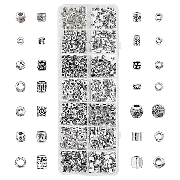 405Pcs 14 Styles Tibetan Style Alloy Beads, Column & Barrel & Drum, Mixed Shapes, Antique Silver, 4~6x3~6mm, Hole: 1~3mm, 405pcs