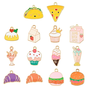 14Pcs 14 Styles Alloy & 304 Stainless Steel Enamel Pendants, Golden, Food, Mixed Color, 12~32x9.5~31.5x1~2mm, Hole: 1.4~2mm, 1pc/style