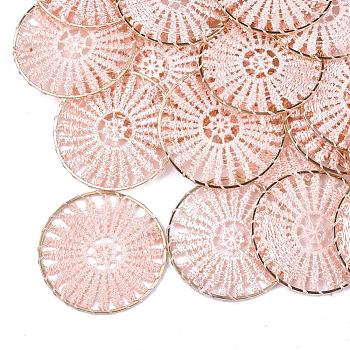 Polyester Woven Big Pendant Decorations, with Iron Findings, Flat Round, Light Gold, Misty Rose, 52x1.5mm