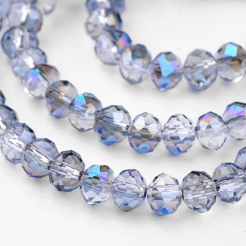 Electroplate Glass Bead Strands, Half Rainbow Plated, Faceted Rondelle, Cornflower Blue, 6x4mm, Hole: 1mm, about 85pcs/strand, 16 inch