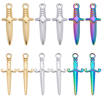 24Pcs 6 Styles 201 & 304 Stainless Steel Pendants, Sword Charms, Mixed Color, 24.5~27.5x9~10.5x2.5~4mm, Hole: 1.5~2mm, 4pcs/style