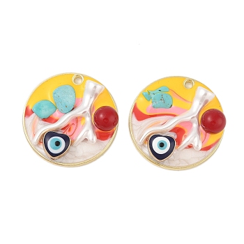 Rack Plating Alloy Enamel Pendants, with Resin & ABS Imitation Pearl Beads & Synthetic Turquoise, Cadmium Free & Nickel Free & Lead Free, Golden, Flat Round with Heart & Evil Eye, Gold, 30x8.5mm, Hole: 1.9mm