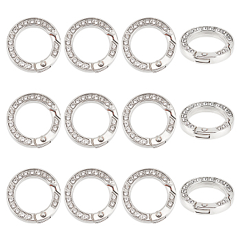 12pcs Alloy Spring Gate Ring with Rhinestone, Rings, Platinum, 25x4.5mm, inner diameter: 16.5mm.