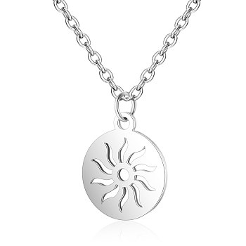 201 Stainless Steel Pendants Necklaces, Flat Round with Sun, Stainless Steel Color, 16.3 inch(40cm)x1mm
