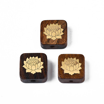 Natural Rosewood Undyed Beads, with Lotus-Shaped Raw(Unplated) Brass Slices, Square, Saddle Brown, 14.5x14.5x6mm, Hole: 1.8mm