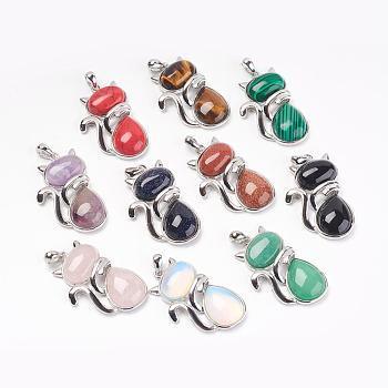Natural & Synthetic Mixed Stone Kitten Pendants, with Brass Findings, Cat Silhouette Shape, Platinum, 44x26.5x7.5mm, Hole: 4x6mm