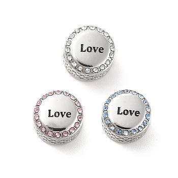 304 Stainless Steel European Beads, with Enamel & Rhinestone, Large Hole Beads, Stainless Steel Color, Flat Round with Word Love, Mixed Color, 12x8mm, Hole: 4mm