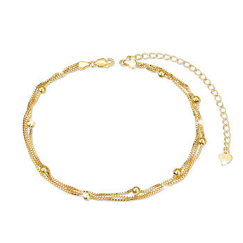 SHEGRACE 925 Sterling Silver Multi-Strand Anklets, with Box Chains and Round Beads, Real 18K Gold Plated, 8-1/4 inch(21cm)