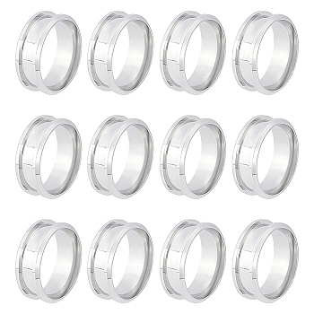 12Pcs 201 Stainless Steel Grooved Finger Ring Settings, Ring Core Blank, for Inlay Ring Jewelry Making, Stainless Steel Color, US Size 8(18.1mm), 7.5mm