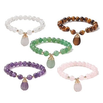 Natural Mixed Gemstone Stretch Bracelets with Teardrop Charms for Women, Inner Diameter: 2-3/8 inch(6cm)