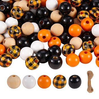 200Pcs Wooden Round Beads, Bundle Jute Cord, for DIY Stretch Bracelet Finding Kits, Dark Orange, Beads: 200pcs