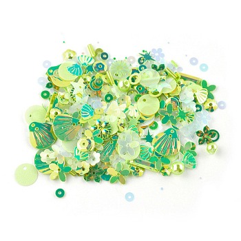 Plastic Paillette Beads, Sequin Beads, Mixed Shapes, Green, 4~19x4~13x0.1mm, Hole: 1~3.9mm