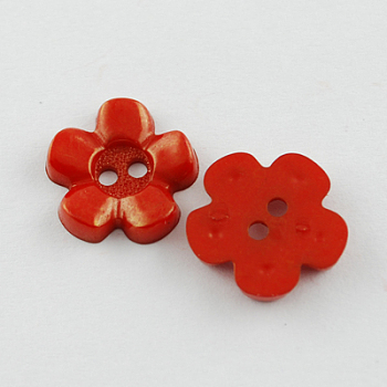 Acrylic Buttons, 2-Hole, Dyed, Flower, Red, 15x15x3mm, Hole: 2mm