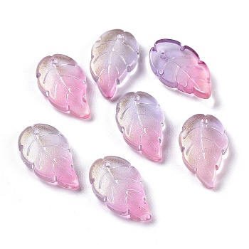 Baking Paint Glass Pendants, Two Tone, with Glitter Gold Powder, Leaf, Plum, 17.5x10x2.9mm, Hole: 1.2mm