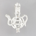 Brass Locket Pendants, Cage Pendants, Cadmium Free & Nickel Free & Lead Free, Hollow, Teapot, Silver Color Plated, 22x16x10mm, Hole: 4x2mm, Inner measure: 8mm(KK-Q748-015S)