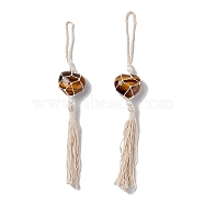 Natural Tiger Eye Pendant Decorations, with Acrylic Pearl Beads, Heart, 31~32cm(HJEW-E579-01F)