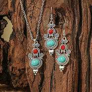 Bohemian Style Alloy & Synthetic Turquoise Pendant Necklaces & Dangle Earrings Sets, Antique Silver, Oval, 58x20mm(WG2E1B4-05)