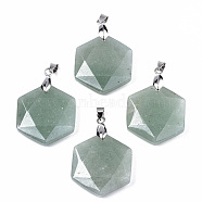 Natural Green Aventurine Pendants, with Platinum Tone Brass Pinch Bail, Faceted, Hexagon, 42.5x29.5x7.5~8.5mm, Hole: 3x5mm(G-T131-27D)