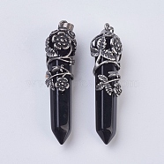 Natural & Dyed Black Agate Pointed Pendants, with Antique Silver Plated Brass Findings, Faceted, Bullet, Flower, 58~61x15~17mm, Hole: 5x7mm(G-F529-B03)