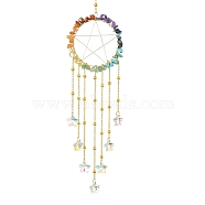 Star Glass Pendant Decoration, Hanging Suncatchers, with Ring 304 Stainless Steel Finding, Brass Finding & Chakra Gemstone Chip Beads, Golden, 320mm(HJEW-JM02119)