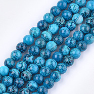 Natural Fire Crackle Agate Beads Strands, Dyed, Round, Deep Sky Blue, 8x7.5~8mm, Hole: 1mm, about 48~49pcs/strand, 14.3 inch(G-T125-22E)