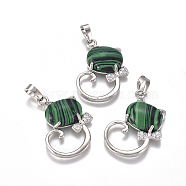 Synthetic Malachite Kitten Pendants, with Platinum Tone Brass Findings and Crystal Rhinestone, Cat with Bowknot Shape, 32x25.5x7.5mm, Hole: 4.5x7mm(G-L512-R17)