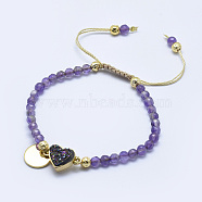 Natural Amethyst Braided Bead Bracelets, with Electroplated Natural Lava Rock Beads, Druzy Crystal, Nylon Cord and Brass Findings, Flat Round & Heart, 2-1/8 inch(5.3cm)~3-1/8 inch(8cm)(BJEW-I258-G01)