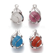 Cat Eye Pendants, with Brass Findings, Mixed Color, Platinum, 18x12.5mm, Hole: 1.4mm(KK-H738-04P)