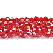 Opaque Solid Color Electroplate Glass Beads Strands, AB Color Plated, Faceted, Bicone, Red, 4x4mm, Hole: 0.8mm, about 87~98pcs/strand, 12.76~14.61 inch(32.4~37.1cm)(GLAA-F029-P4mm-A02)