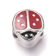 304 Stainless Steel European Beads, with Enamel, Large Hole Beads, Ladybug, Red, Stainless Steel Color, 11x10x8.5mm, Hole: 5mm(STAS-O101-03P-16)