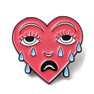Heart with Crying Face Enamel Pin, Electrophoresis Black Alloy Brooch for Backpack Clothes, Cerise, 28.5x30x1.6mm(JEWB-B006-05B)
