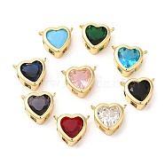 Real 18K Gold Plated Brass Heart Charms, with Glass, Lead Free & Cadmium Free, Mixed Color, 13x15x7mm, Hole: 1.6mm(KK-D027-18G)